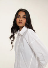 A Model Wearing White Poplin White Poplin Shirt With Top Stitch Detail, curated by Only Ethikal